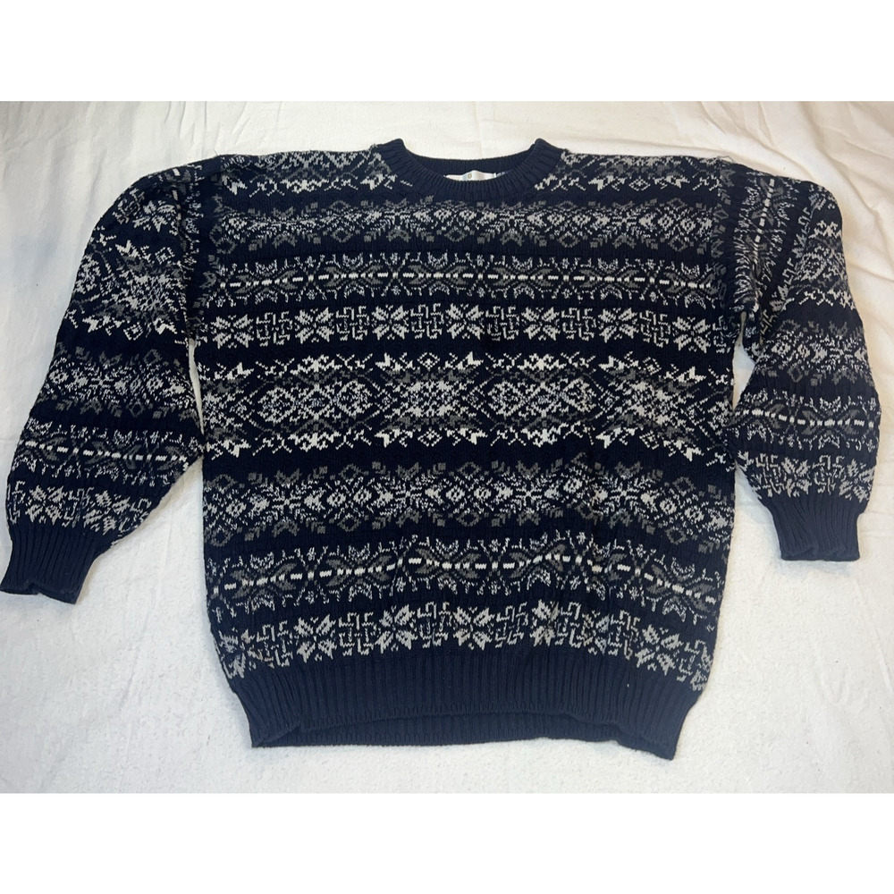Bill‎ Blast Navy Blue Faire Isle Mens Sweater X-Large 80s / 90s Cosby